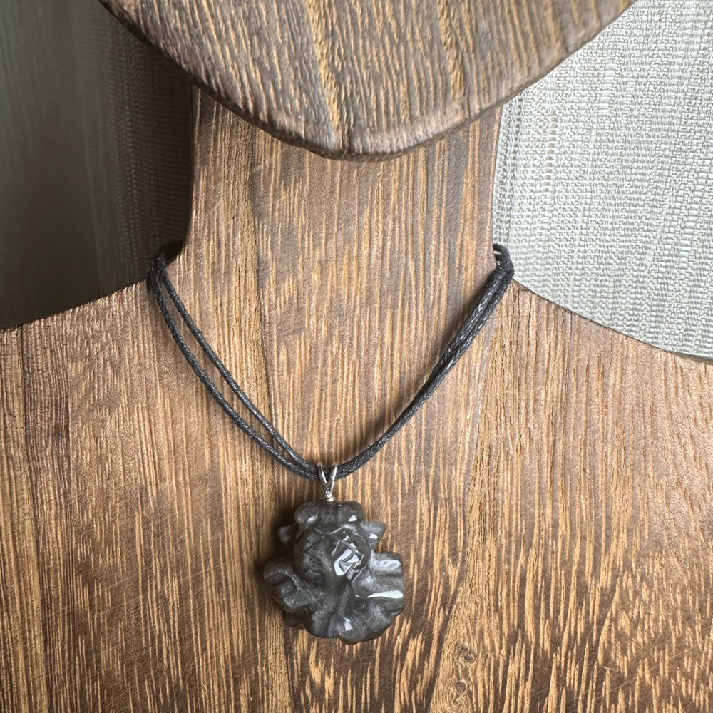 Silver Sheen Obsidian Goldfish Pendant Necklace on Black Rope